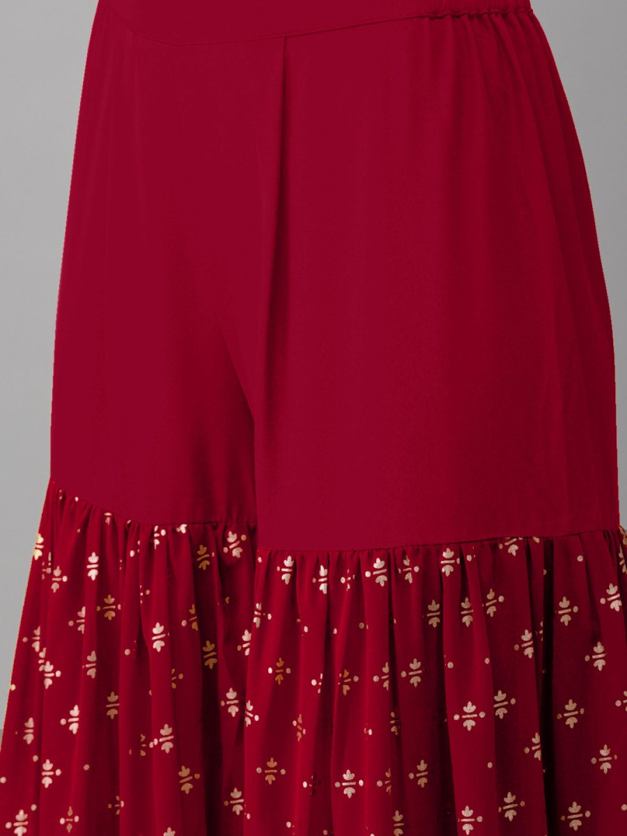 Ahalyaa Women Maroon & Gold-Toned Printed Kurti With Sharara & Dupatta