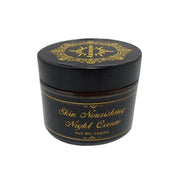 Black jar of Skin Nourishing Night Cream with gold text on a white background