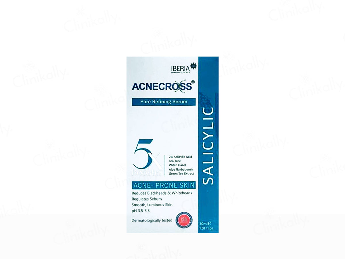 Acnecross pore refining serum packaging on a white background