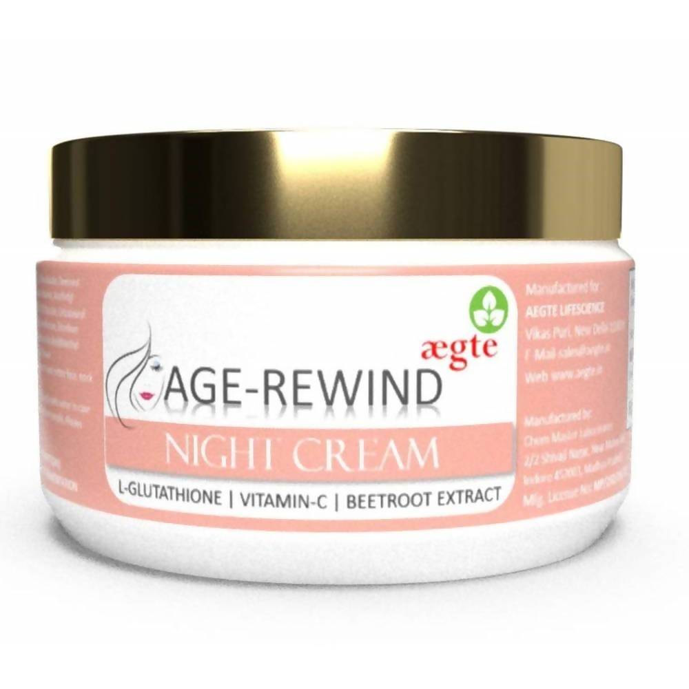 Jar of AGE-REWIND Night Cream with gold lid on a white background