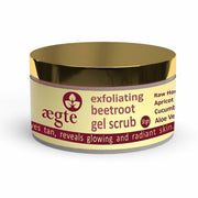 Aegte exfoliating beetroot gel scrub container with gold lid on a white background