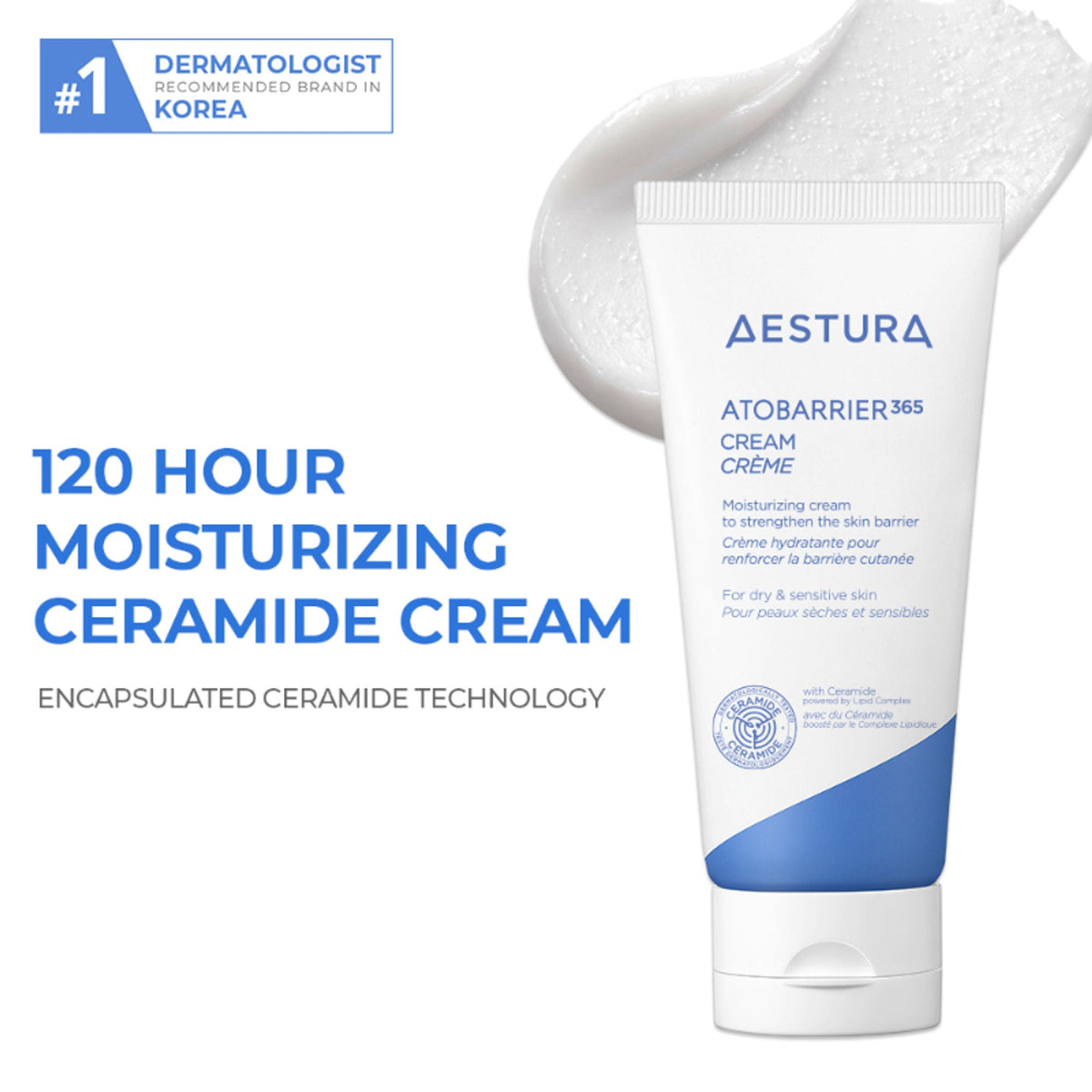 Aestura Atobarrier 365 cream tube with text about moisturizing ceramide technology on a white background.