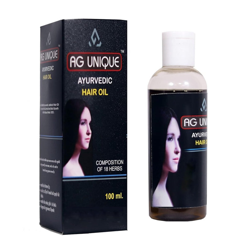 AG Unique Ayurvedic Hair Oil packaging and bottle on a white background