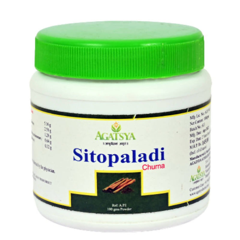 Jar of Agatsya Sitopaladi Chuma with green lid on a white background