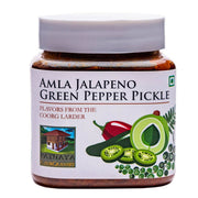 Jar of Amla Jalapeno Green Pepper Pickle with label on a white background