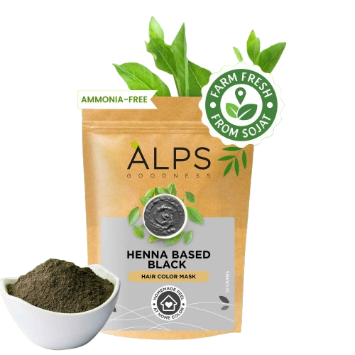 ALPS Henna Based Black Hair Color Mask packaging with a bowl of henna powder on a white background