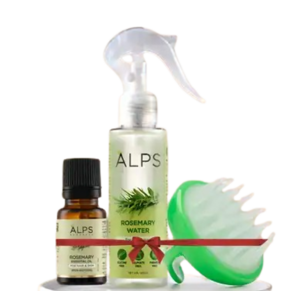 Set of ALPS skincare products including a bottle, roller ball, and brush on a white background