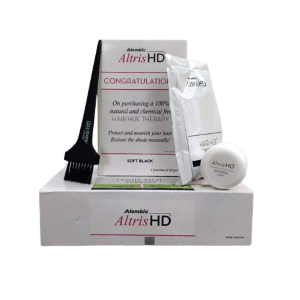 Alembic Altris HD hair dye kit with packaging, brush, and packets on a white background