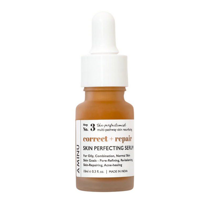 Skin perfecting serum bottle with dropper on a white background