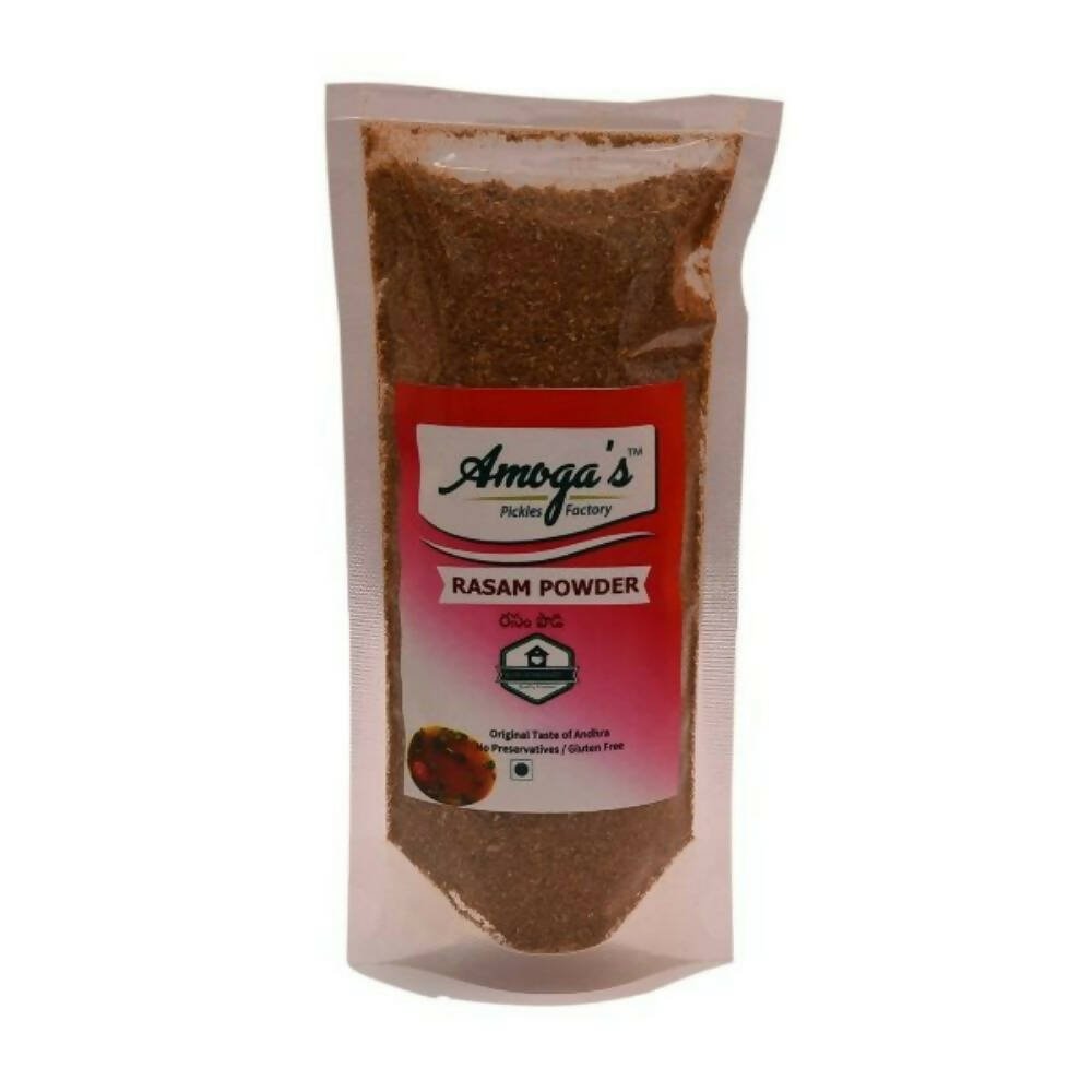 Amoga's Rasam Powder packaging on a white background