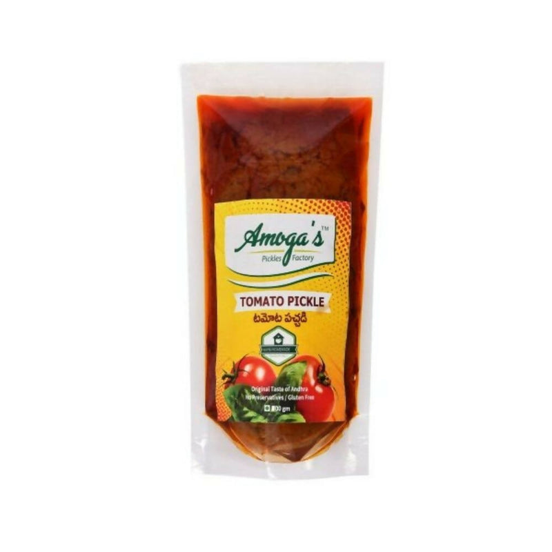 Packaged tomato pickle with Amoga's branding on a white background