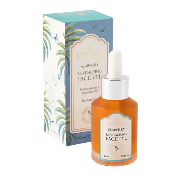 Seaberry revitalising face oil bottle with packaging on a white background