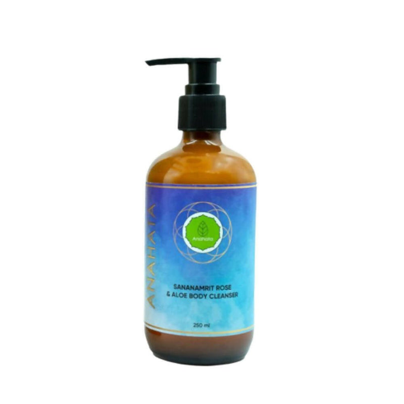 A pump bottle of Anahata Snanamrit Rose & Aloe Body Cleanser with a blue label featuring a green lotus flower.