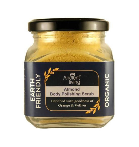 Jar of Almond Body Polishing Scrub with 'Ancient Living' label on a white background