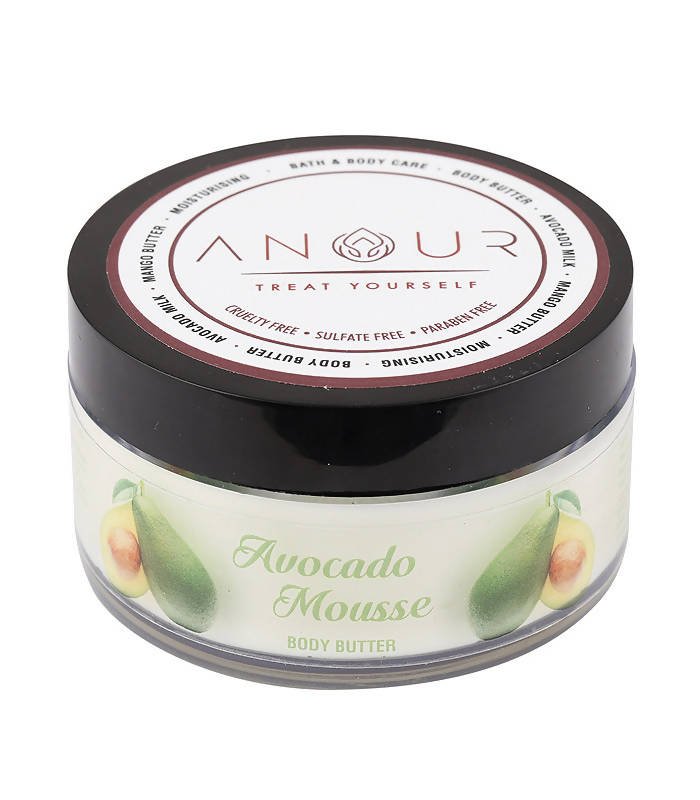 Jar of Avocado Mousse body butter with 'ANOUR' branding on a white background