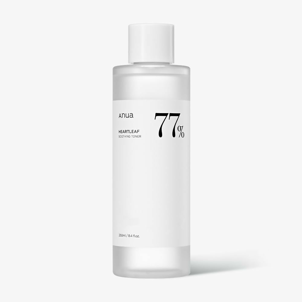 Skincare bottle labeled '77' on a white background