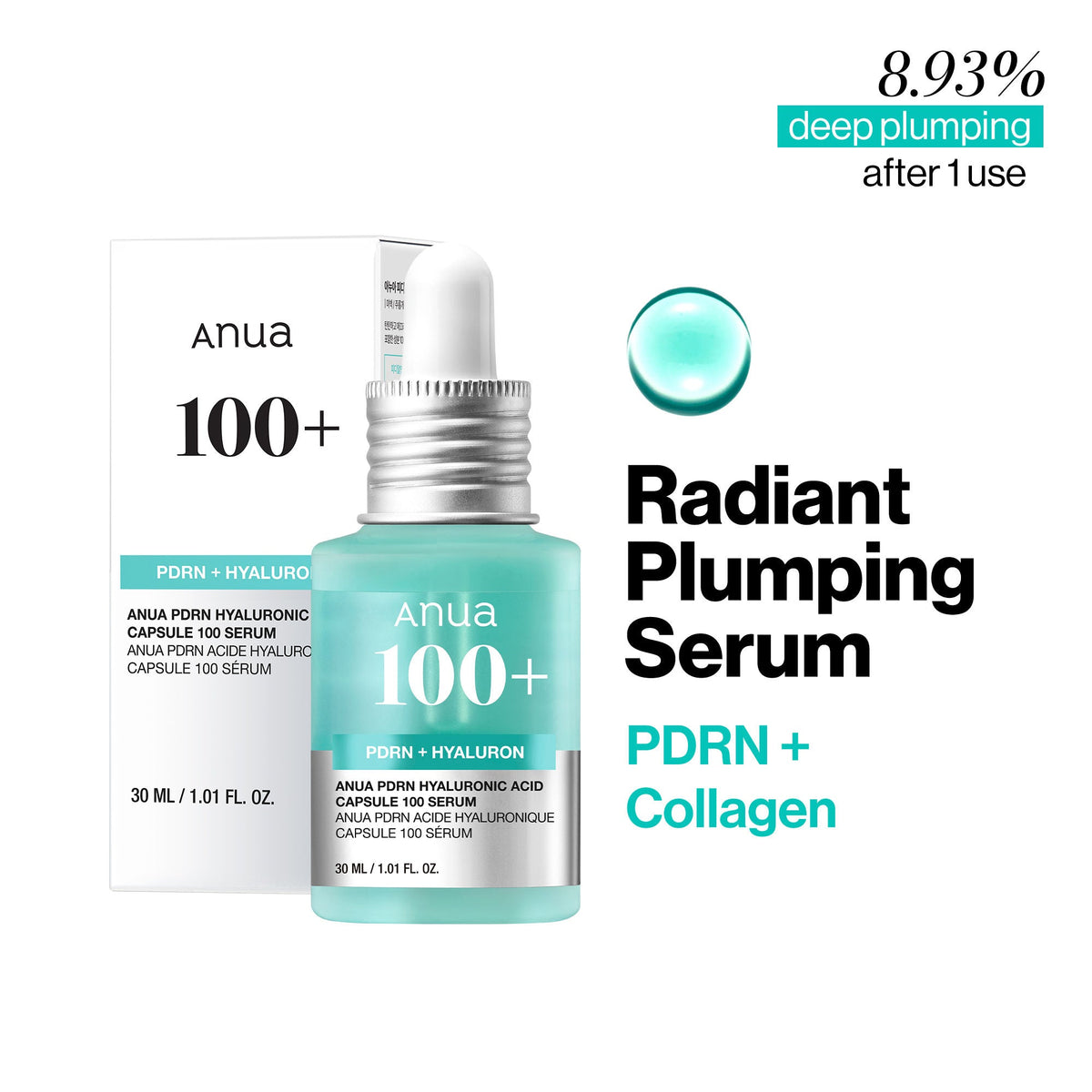 Anua 100+ Radiant Plumping Serum bottle with text on a white background