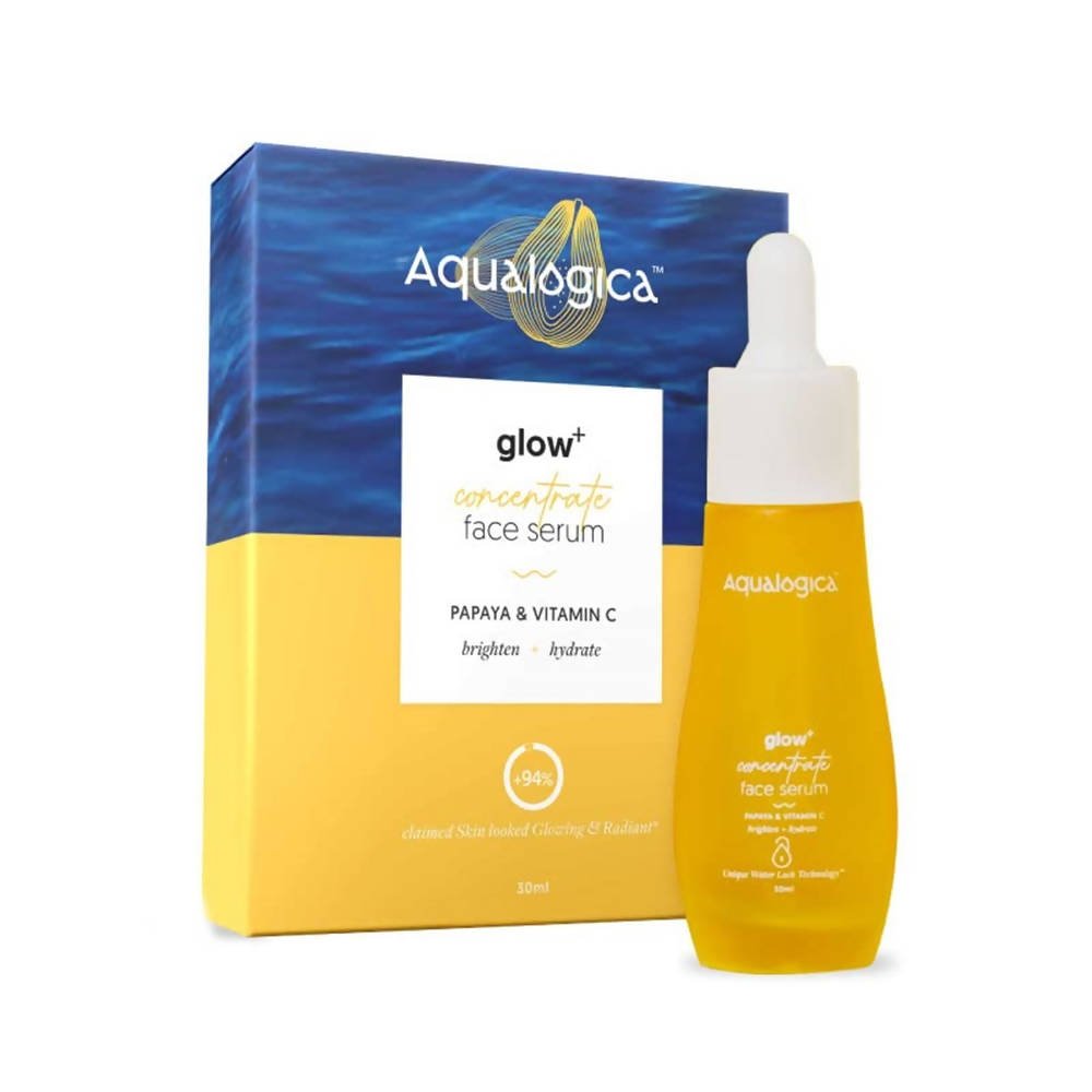 Aqualogica glow+ concentrate face serum with packaging on a white background