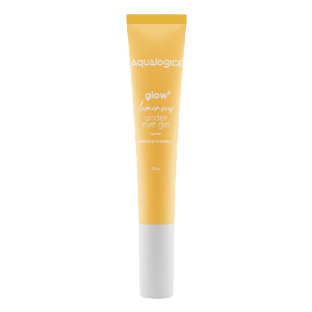 Tube of Aqualogica glow luminous under eye gel on a white background