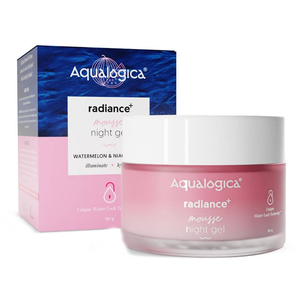 Aqualogica radiance+ mousse night gel with packaging on a white background