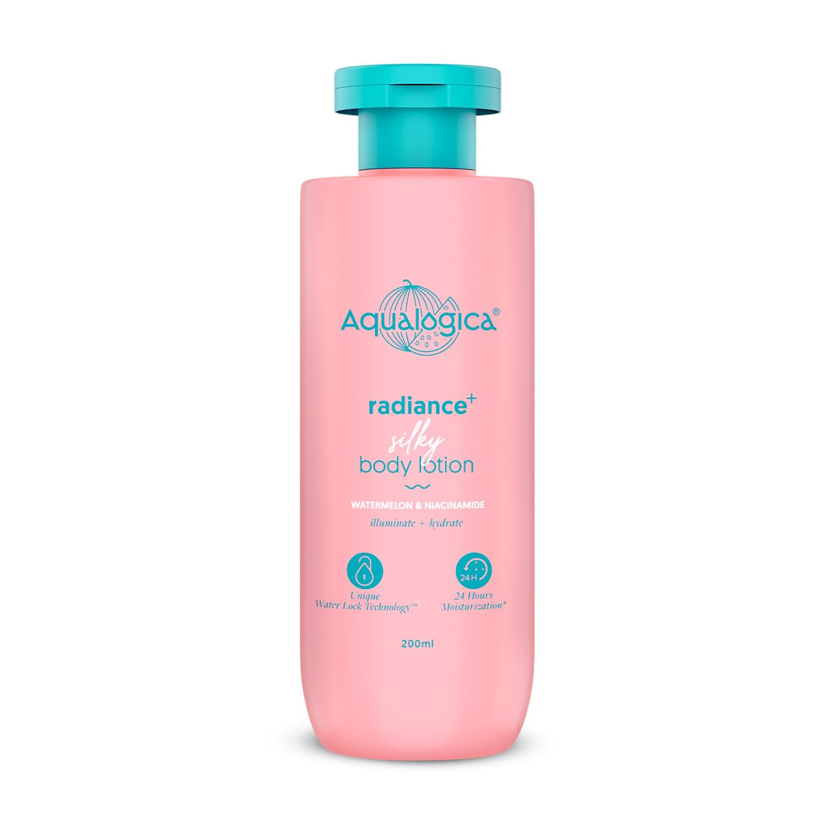Pink bottle of Aqualogica radiance silky body lotion with teal cap on a white background