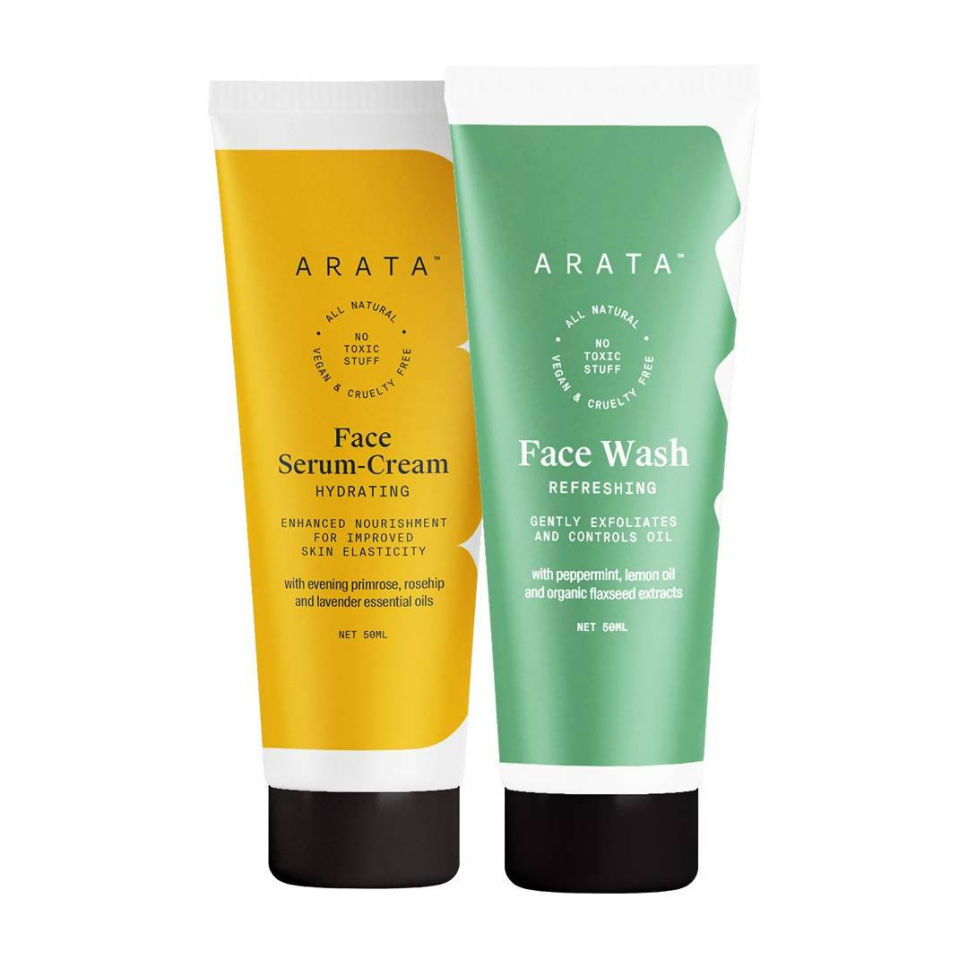 Two Arata skincare products, Face Serum-Cream and Face Wash, on a white background.