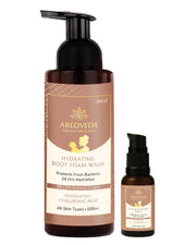 Areoveda hydrating body foam wash and serum on a white background