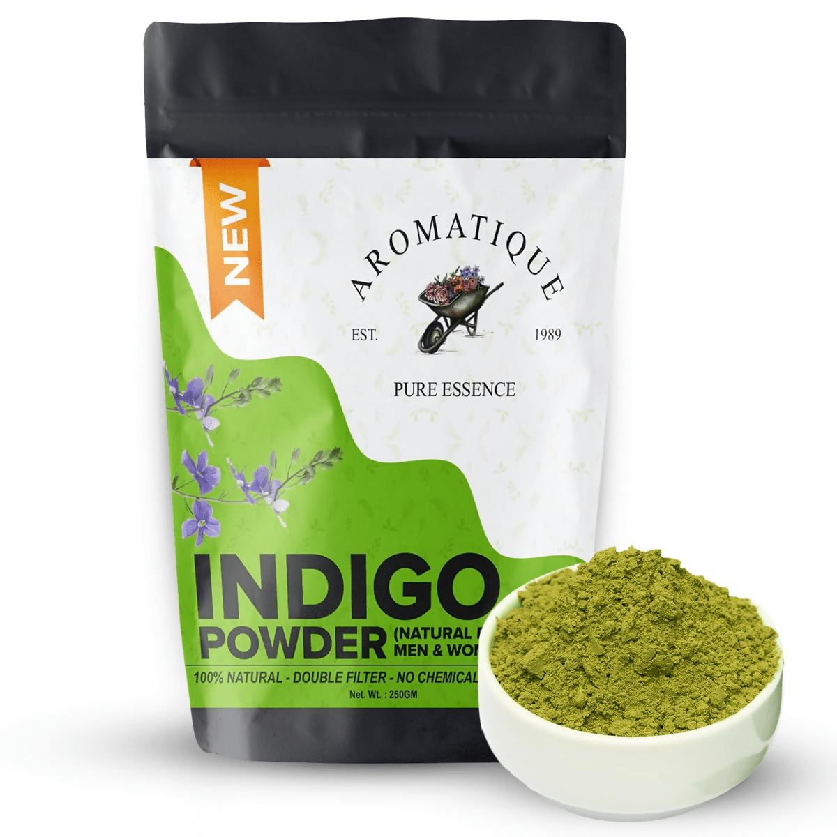 Aromatique Indigo Powder packaging with a bowl of green powder on a white background