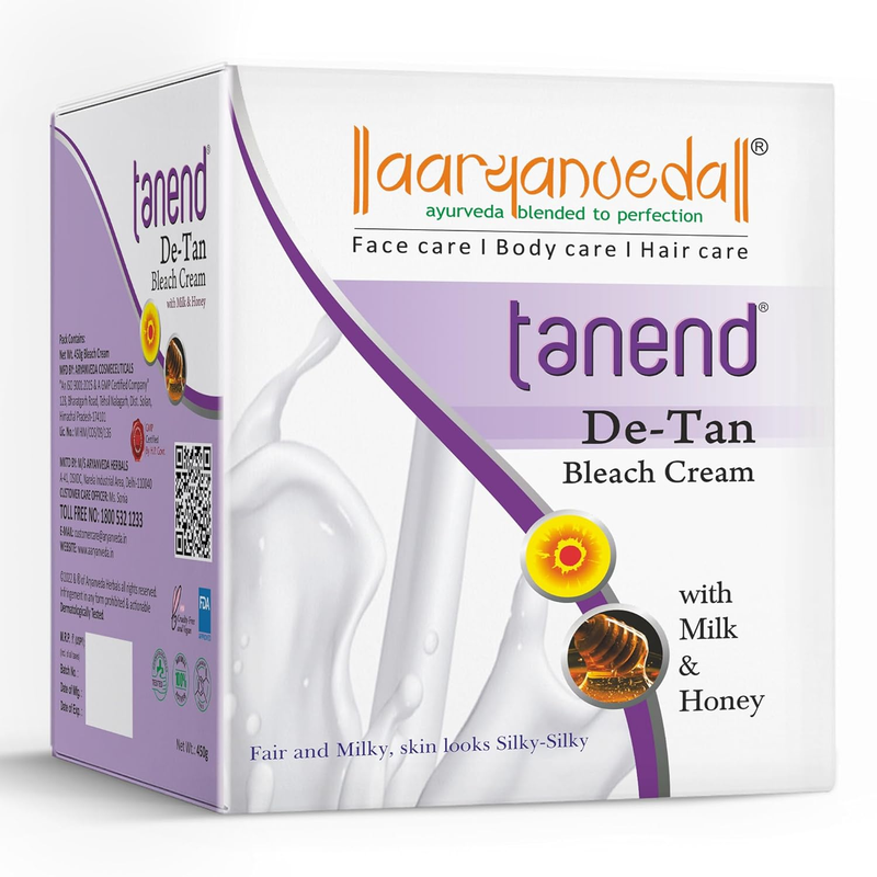 Box of tanend De-Tan Bleach Cream with milk and honey on a white background