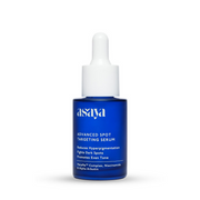 Blue serum bottle with white dropper labeled 'asaya' on a white background