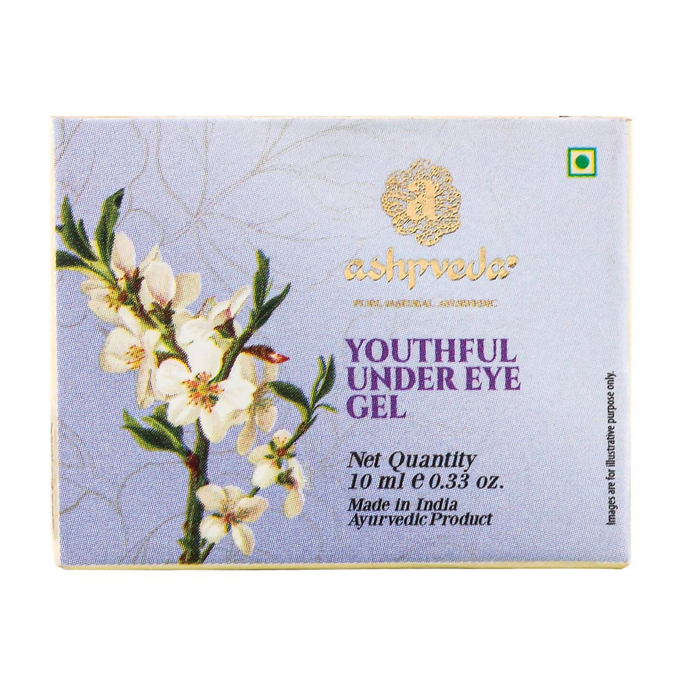 Box of Ashpveda Youthful Under Eye Gel with floral design on a light purple background