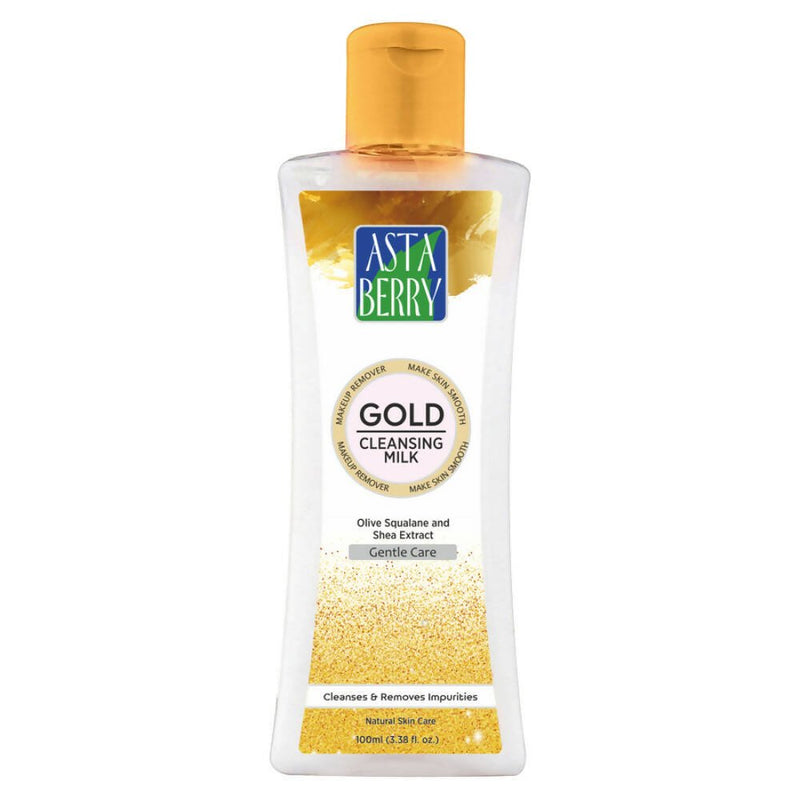 A bottle of Astaberry Gold Cleansing Milk with a clear liquid visible and gold-colored particles suspended within.