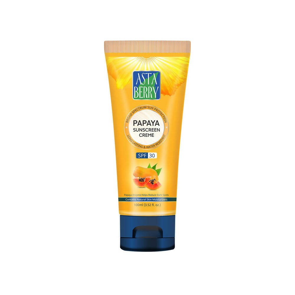 Astaberry Papaya Sunscreen Creme tube on a white background