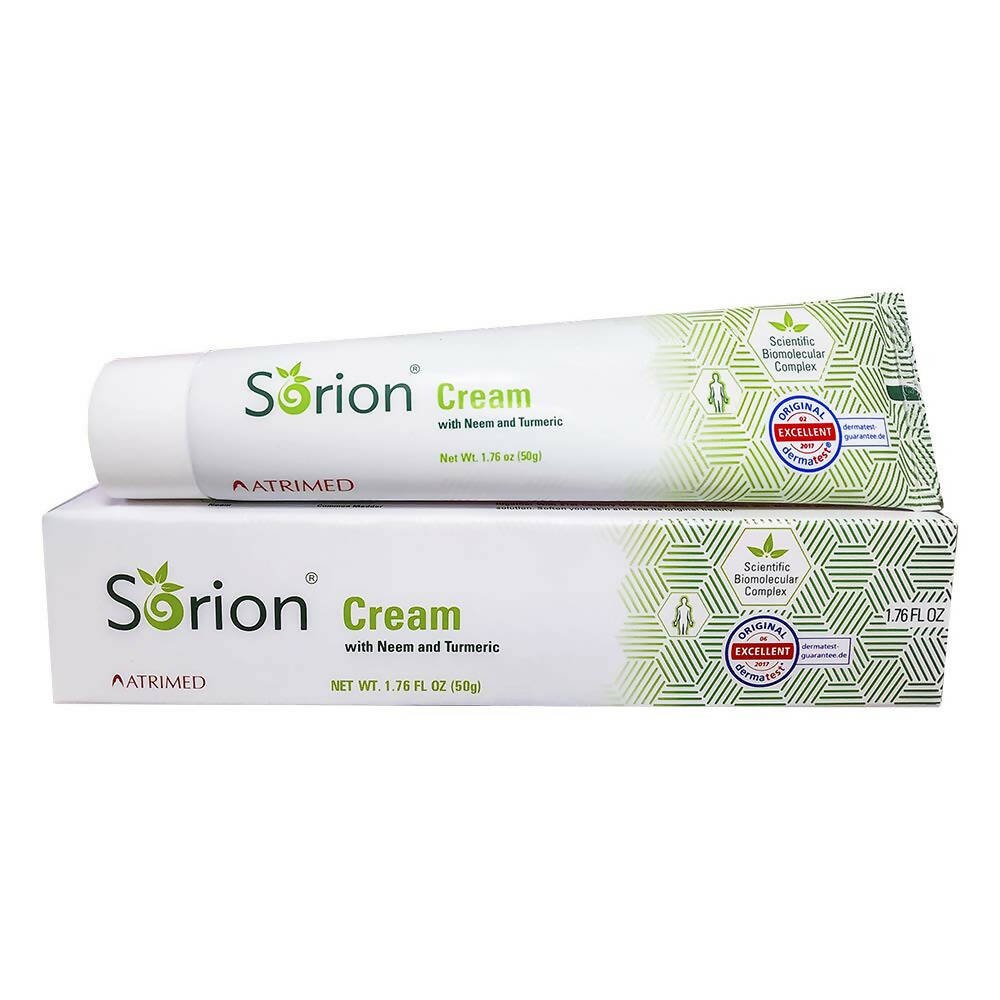 Sorion Cream packaging with branding and product details on a white background