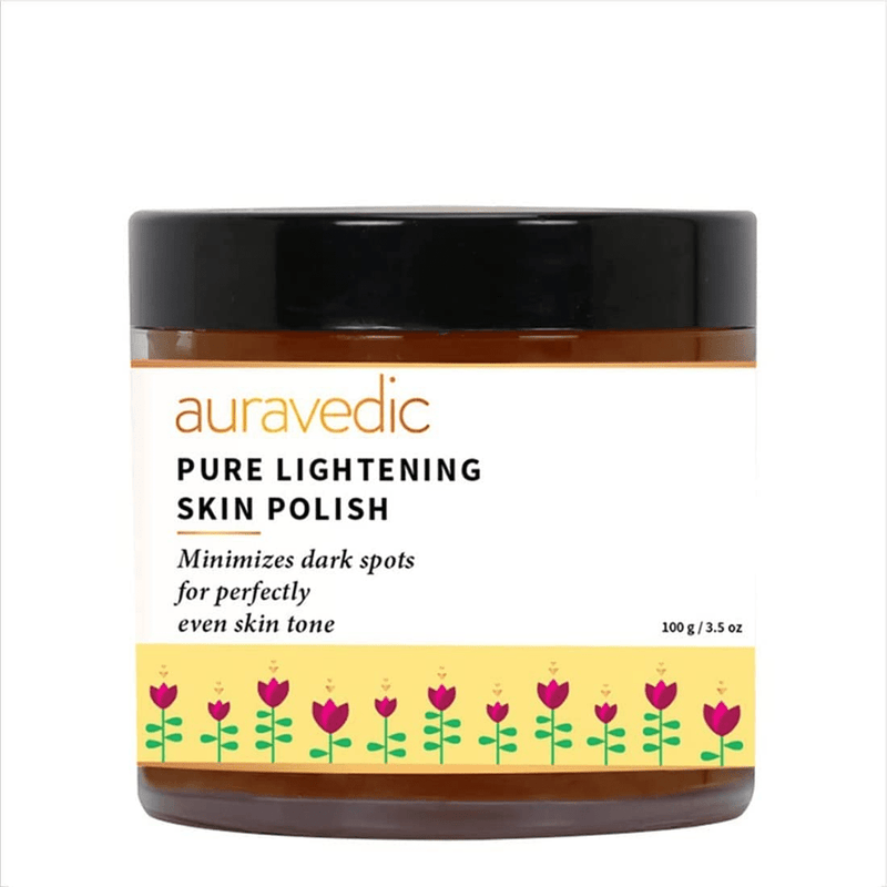 Auravedic Pure Lightening Skin Polish jar with product details and floral graphics.