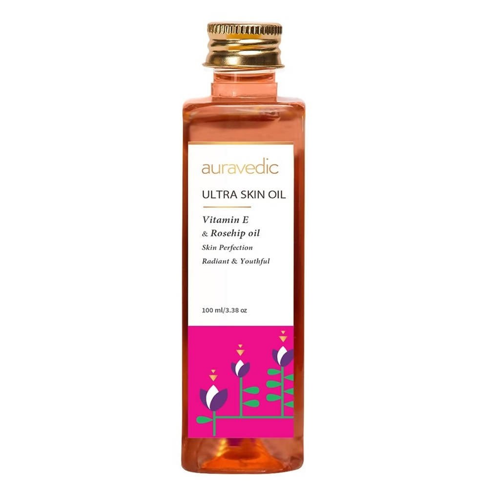 Auravedic Ultra Skin Oil bottle on a white background