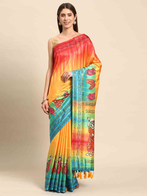 Stylish Kalamkari Silk With Block Print Saree