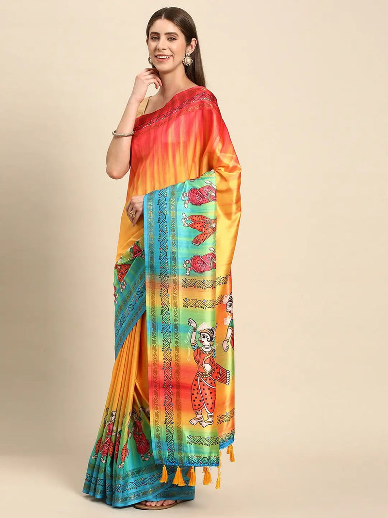 Stylish Kalamkari Silk With Block Print Saree