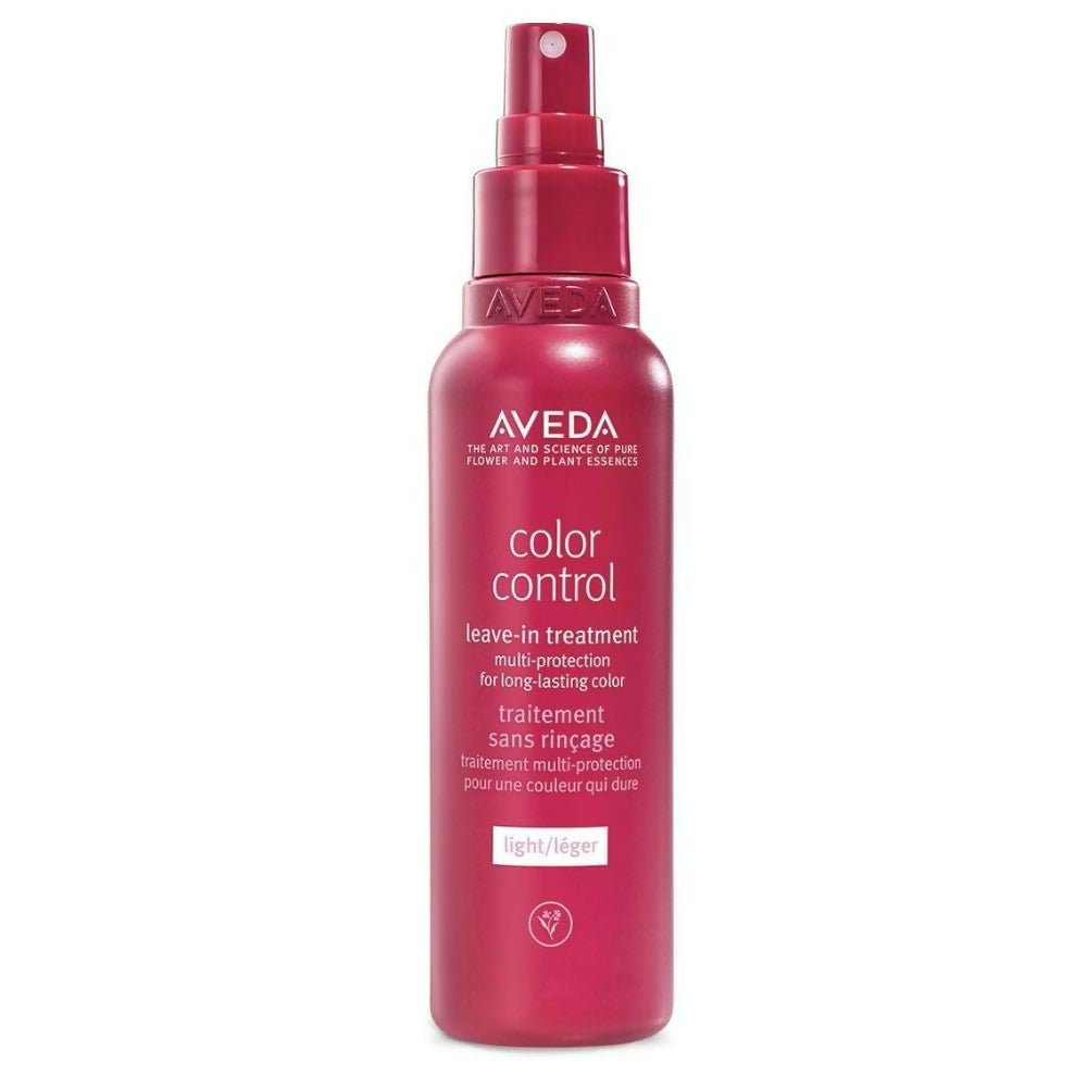 Red bottle of Aveda Color Control leave-in treatment on a white background