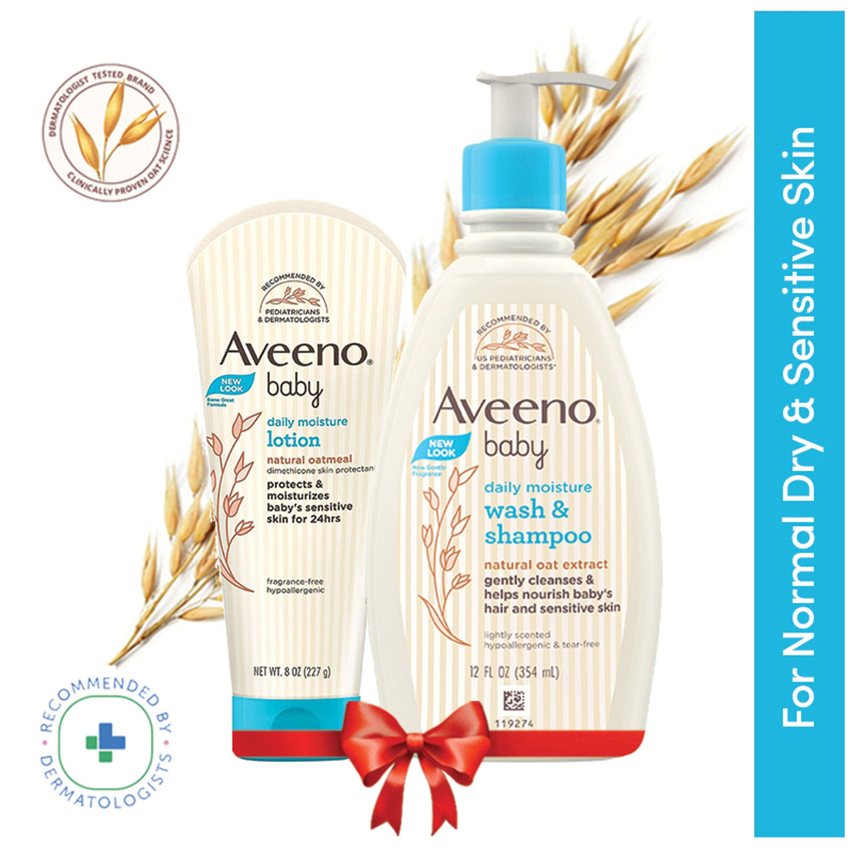 Aveeno baby lotion and wash & shampoo with oats and a red bow on a white background