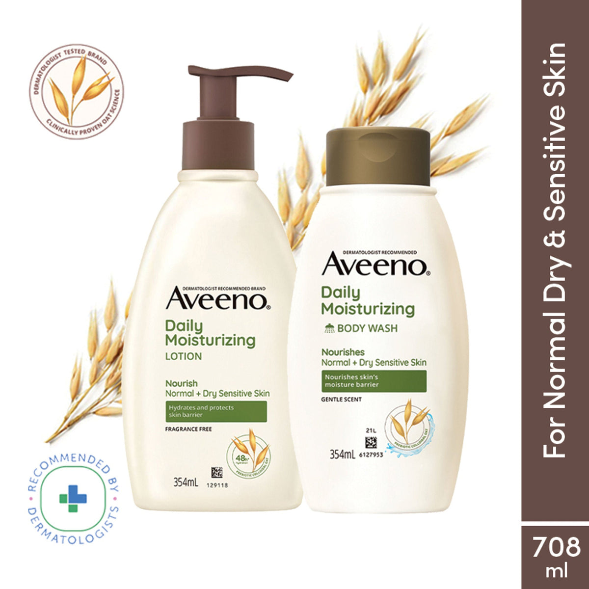 Aveeno Daily Moisturizing Lotion and Body Wash with oatmeal imagery on a white background