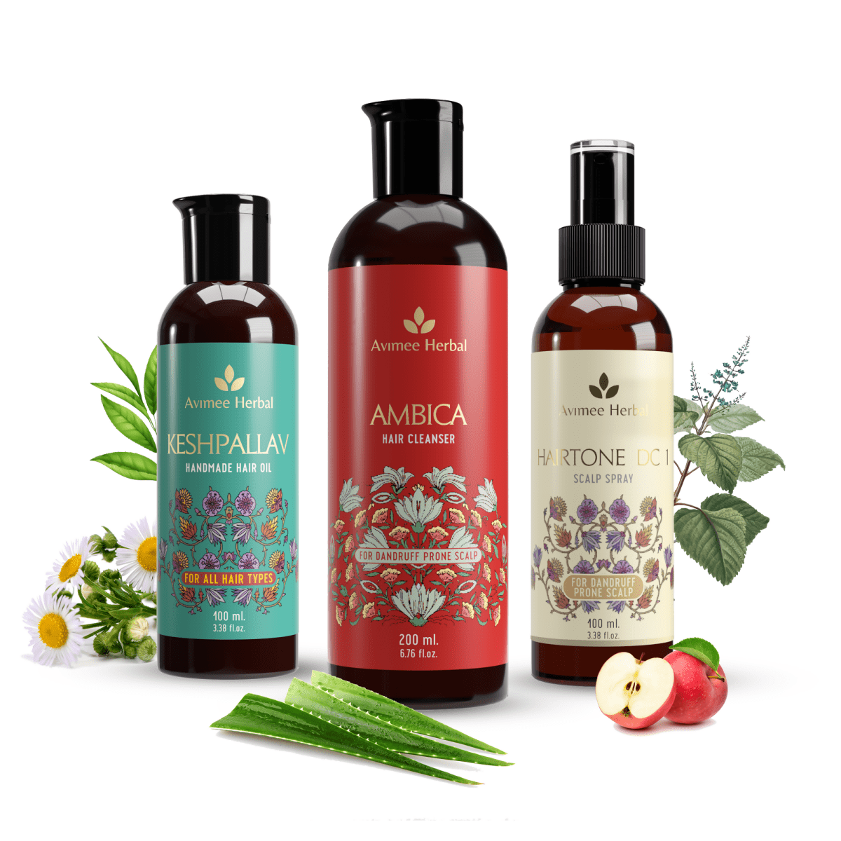 Three Ayurvedic hair care products with labels on a white background