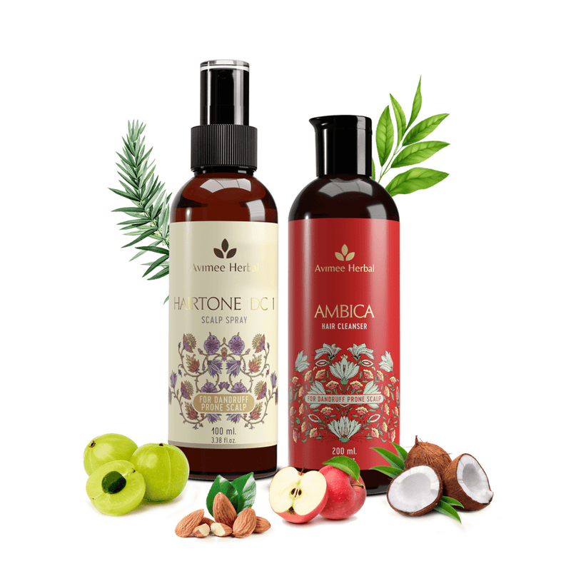 Two bottles of Aveda herbal products with natural elements on a white background