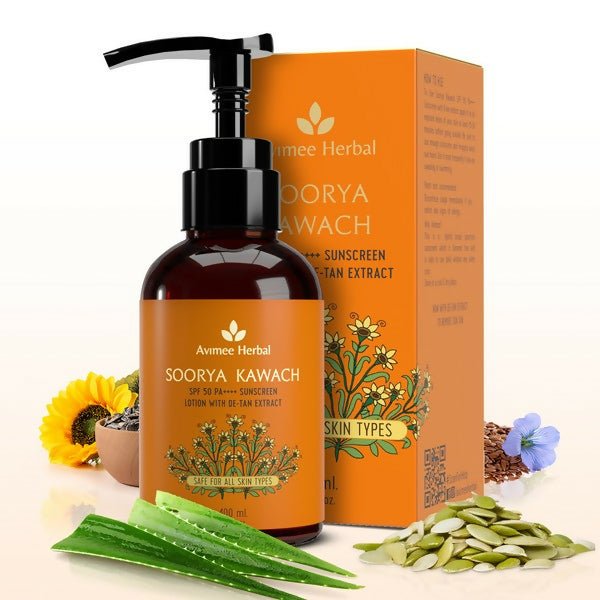 Ammee Herbal Soorya Kawach sunscreen lotion bottle and packaging with natural elements on a light background