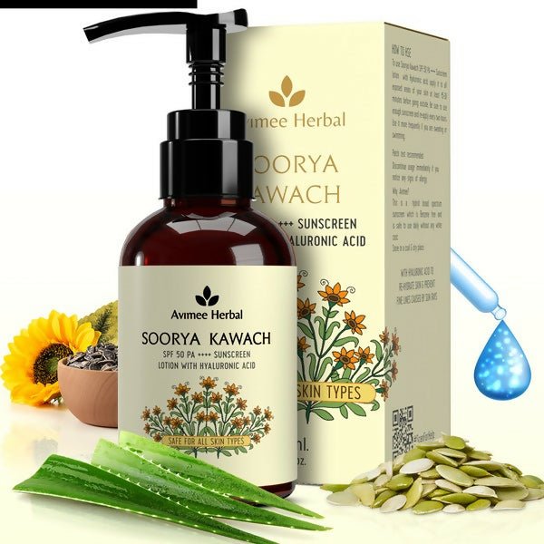 Avmee Herbal Soorya Kawach sunscreen lotion with packaging, sunflower, aloe vera leaves, and seeds on a white background.