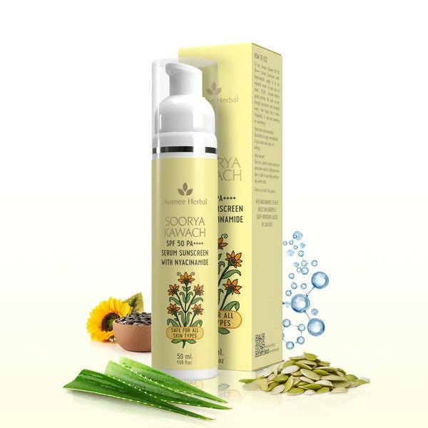 Sunscreen serum with packaging, flowers, and aloe vera leaves on a white background