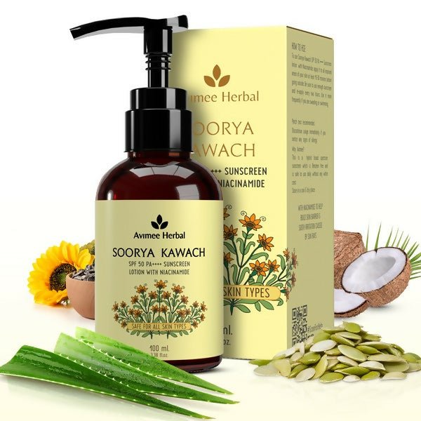 Avneee Herbal Soorya Kawach sunscreen bottle and packaging with natural elements on a white background