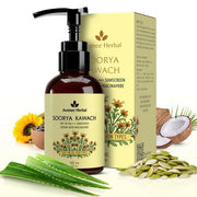 Avneee Herbal Soorya Kawach sunscreen bottle and packaging with natural elements on a white background