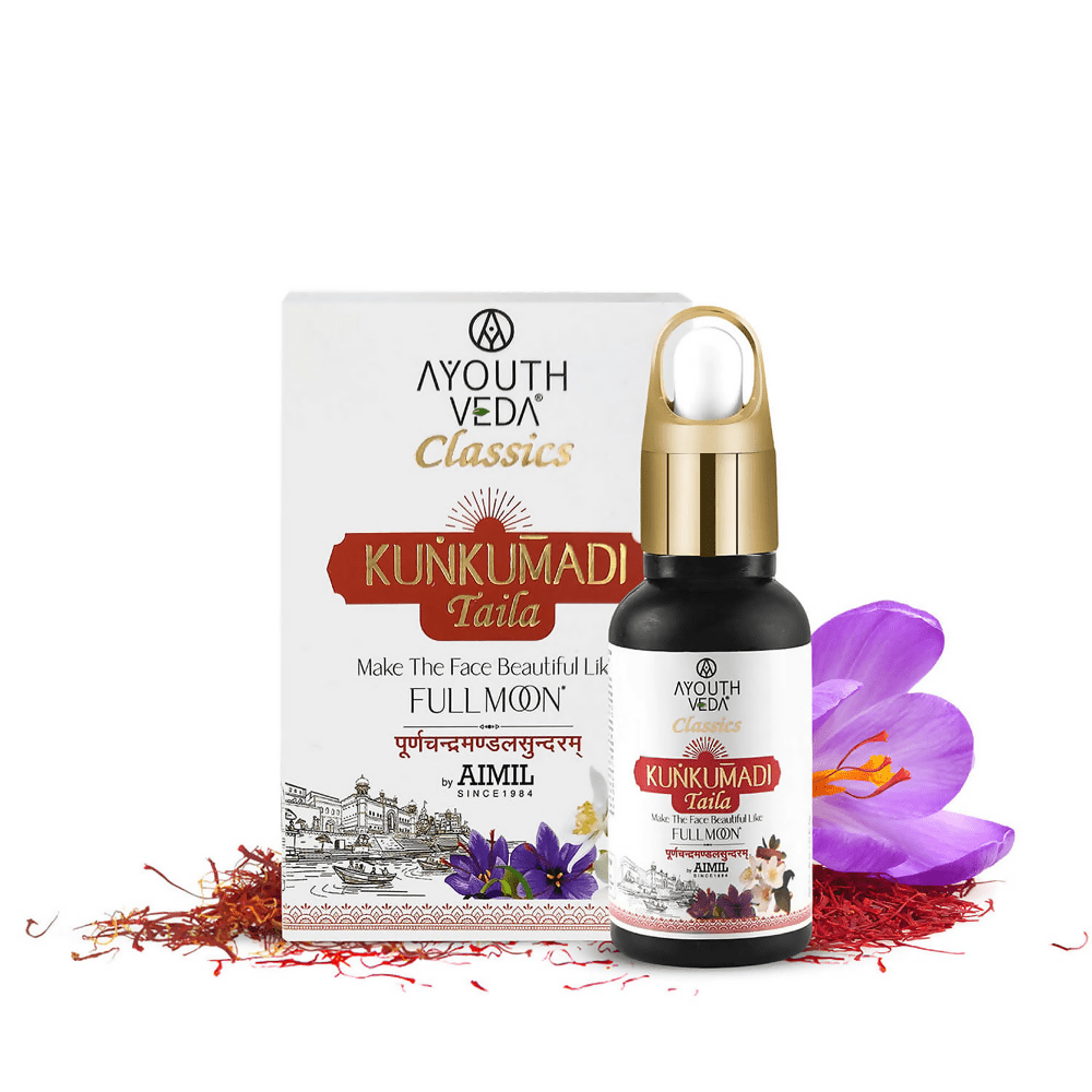 Ayouth Veda Künkumadi Táila product with packaging and saffron on a white background