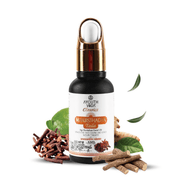 Ayurvedic oil bottle with ingredients on a white background